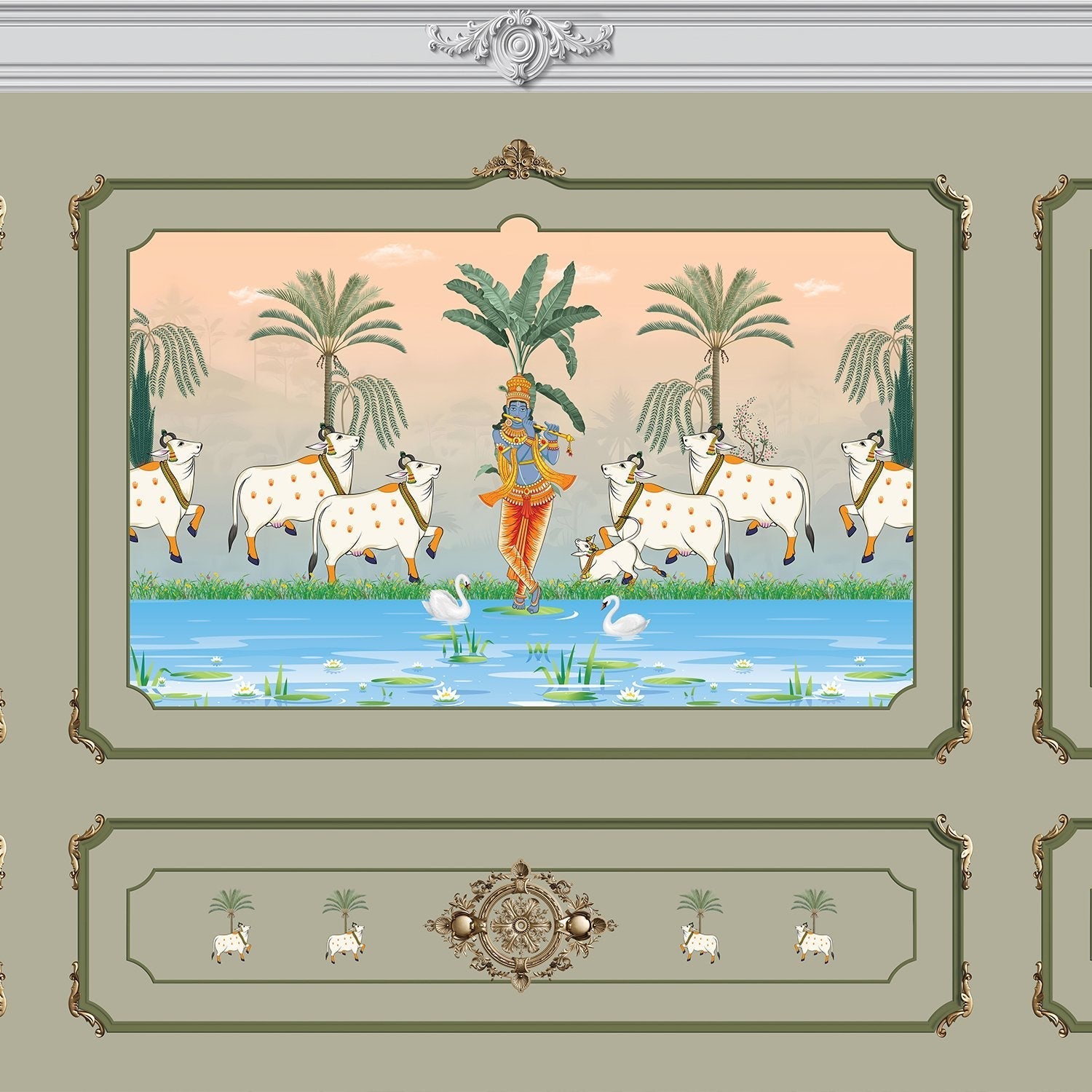 Traditional Pichwai painting showing sacred cows by riverside with palm trees and ornate frame - view 2 - final