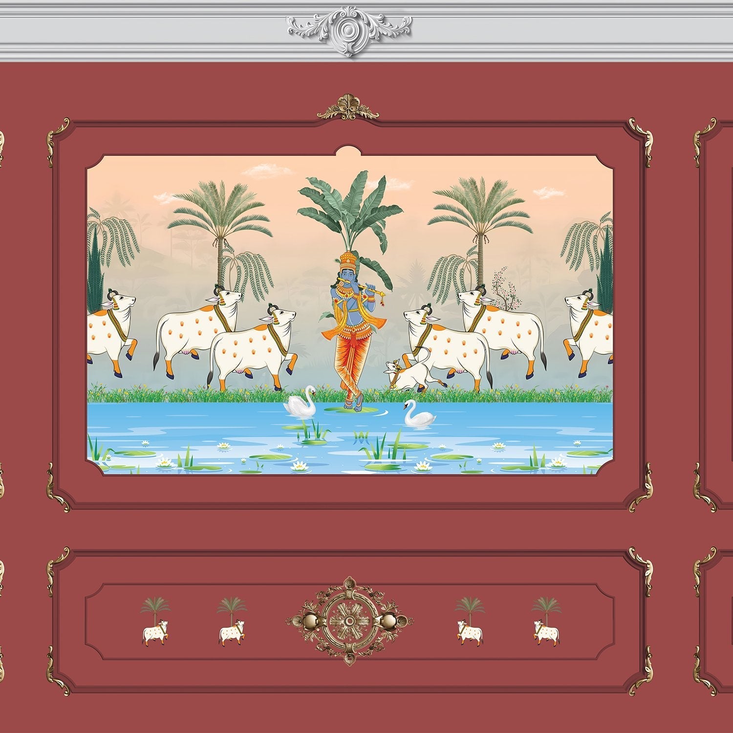 Traditional Pichwai painting showing sacred cows by riverside with palm trees and ornate frame - view 20 - final