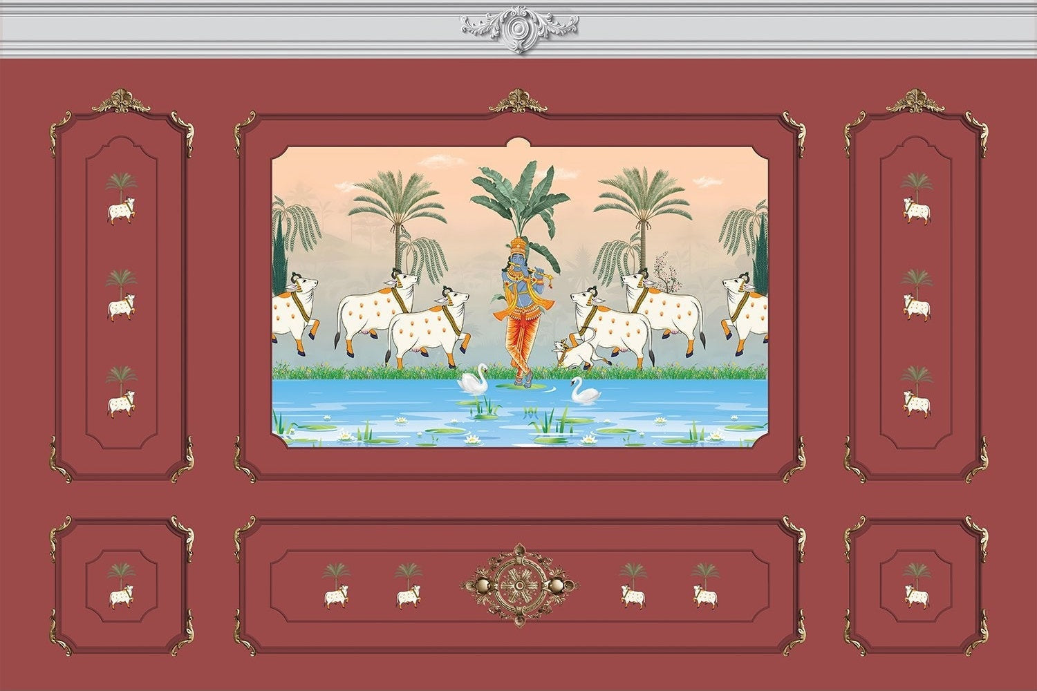 Traditional Pichwai painting showing sacred cows by riverside with palm trees and ornate frame - view 21 - mural-inequal - final