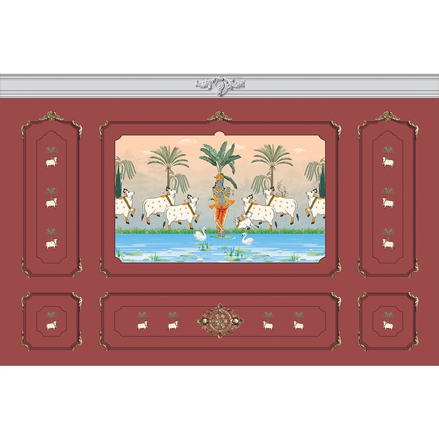 Traditional Pichwai painting showing sacred cows by riverside with palm trees and ornate frame - view 22 - mural-equal - final