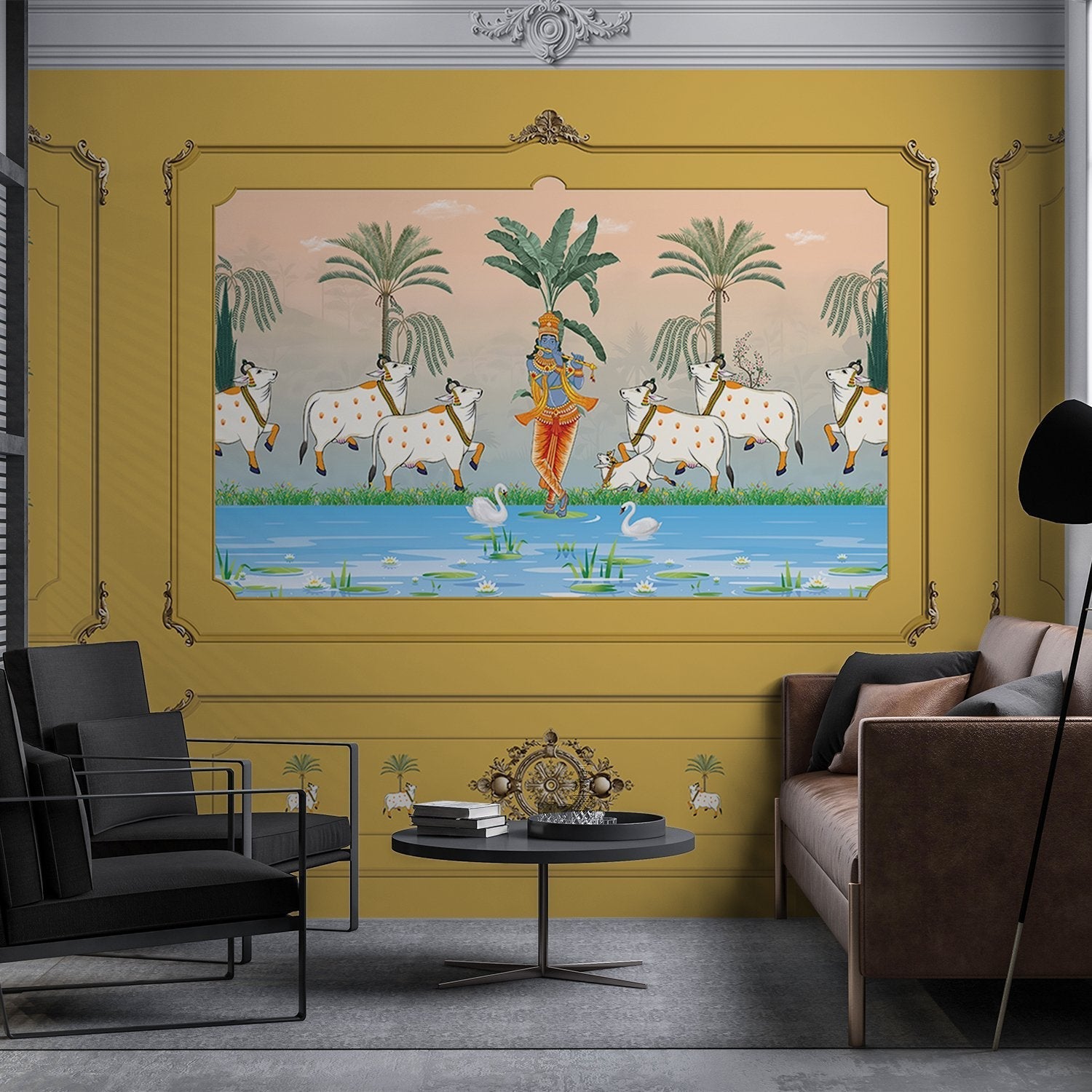 Traditional Pichwai painting showing sacred cows by riverside with palm trees and ornate frame - view 23 - final