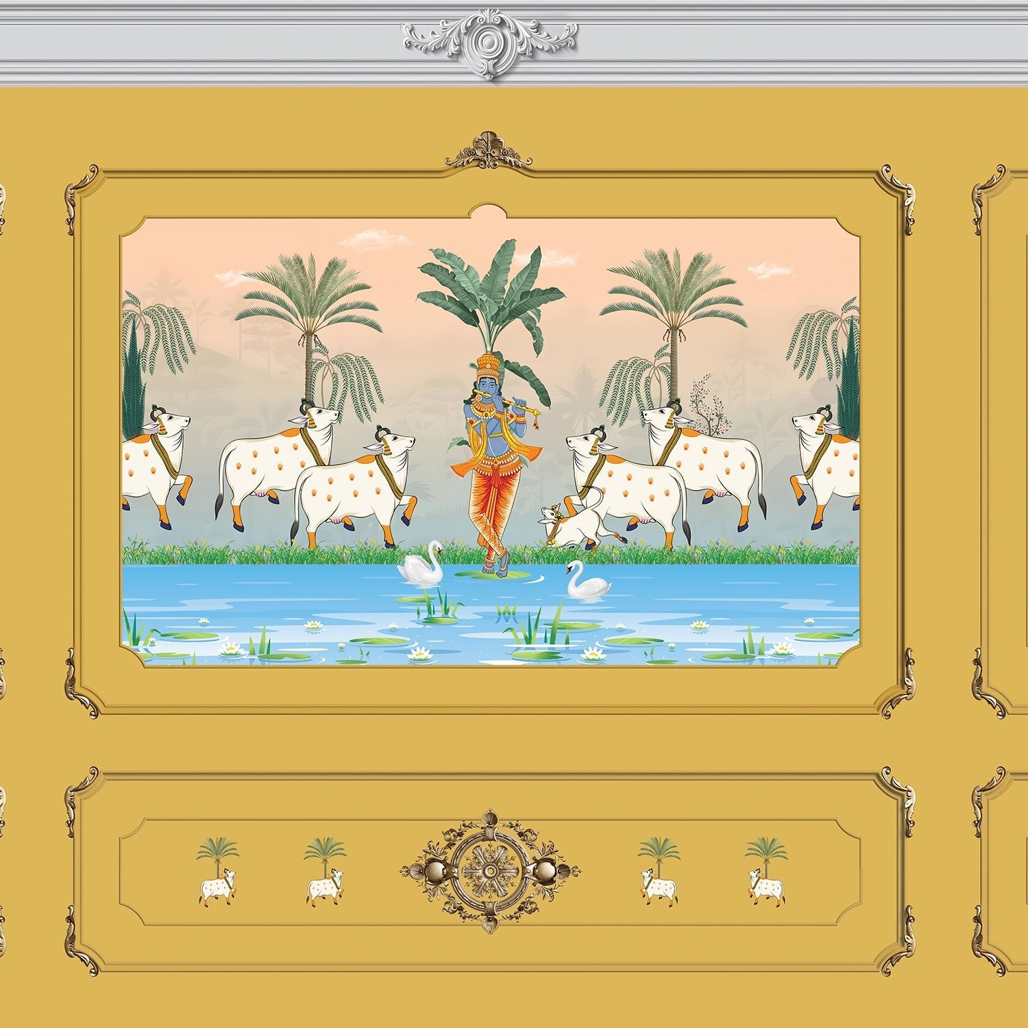 Traditional Pichwai painting showing sacred cows by riverside with palm trees and ornate frame - view 24 - final