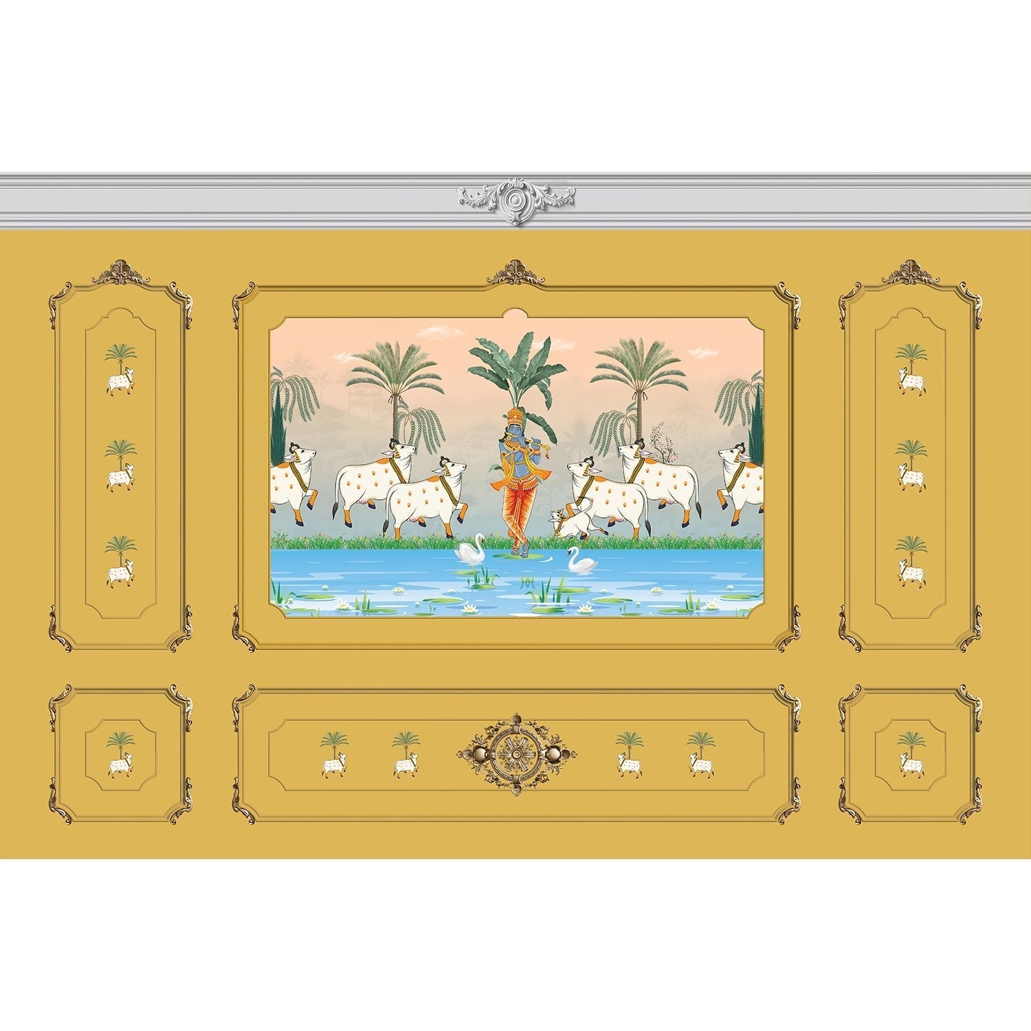 Traditional Pichwai painting showing sacred cows by riverside with palm trees and ornate frame - view 25 - mural-equal - final