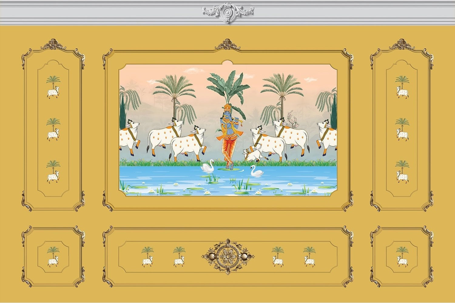 Traditional Pichwai painting showing sacred cows by riverside with palm trees and ornate frame - view 26 - mural-inequal - final