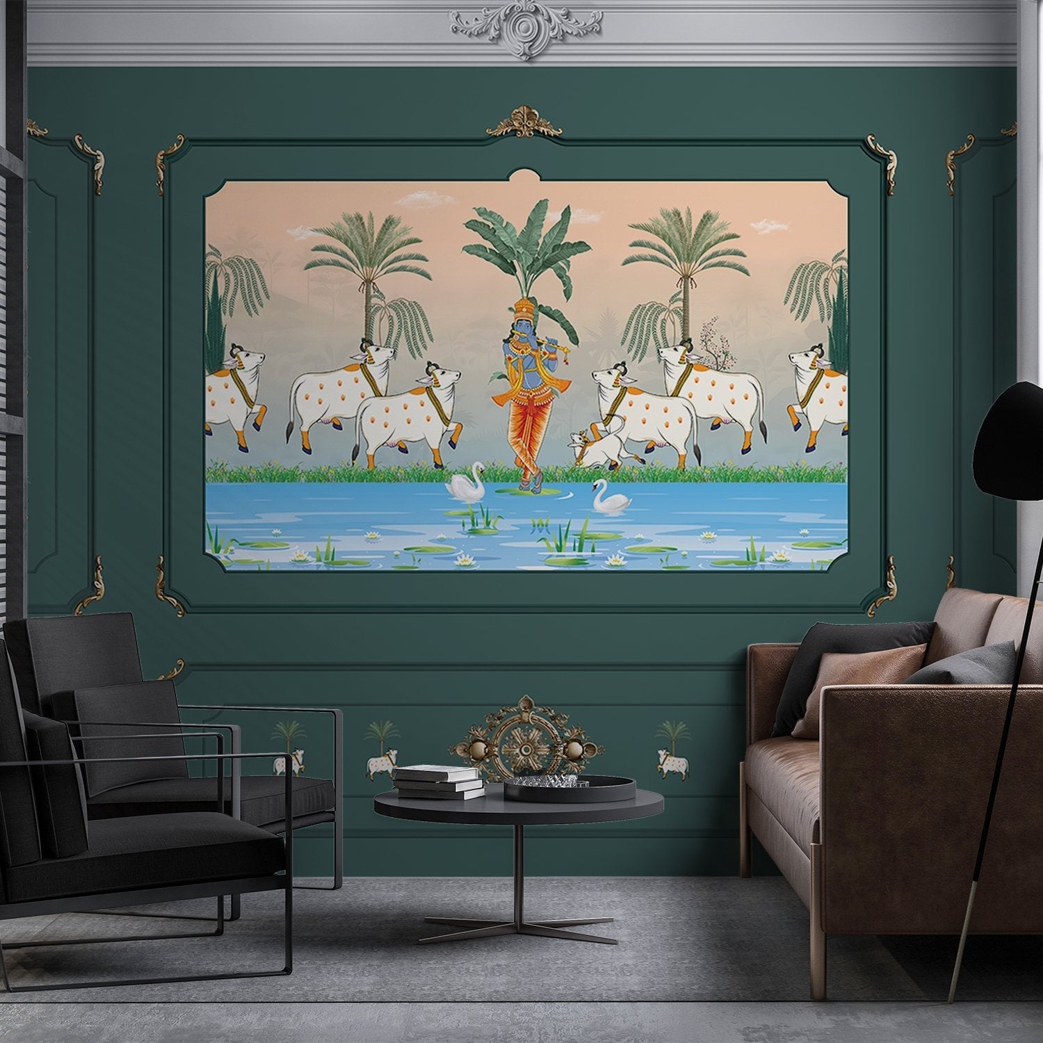 Traditional Pichwai painting showing sacred cows by riverside with palm trees and ornate frame - view 27 - final