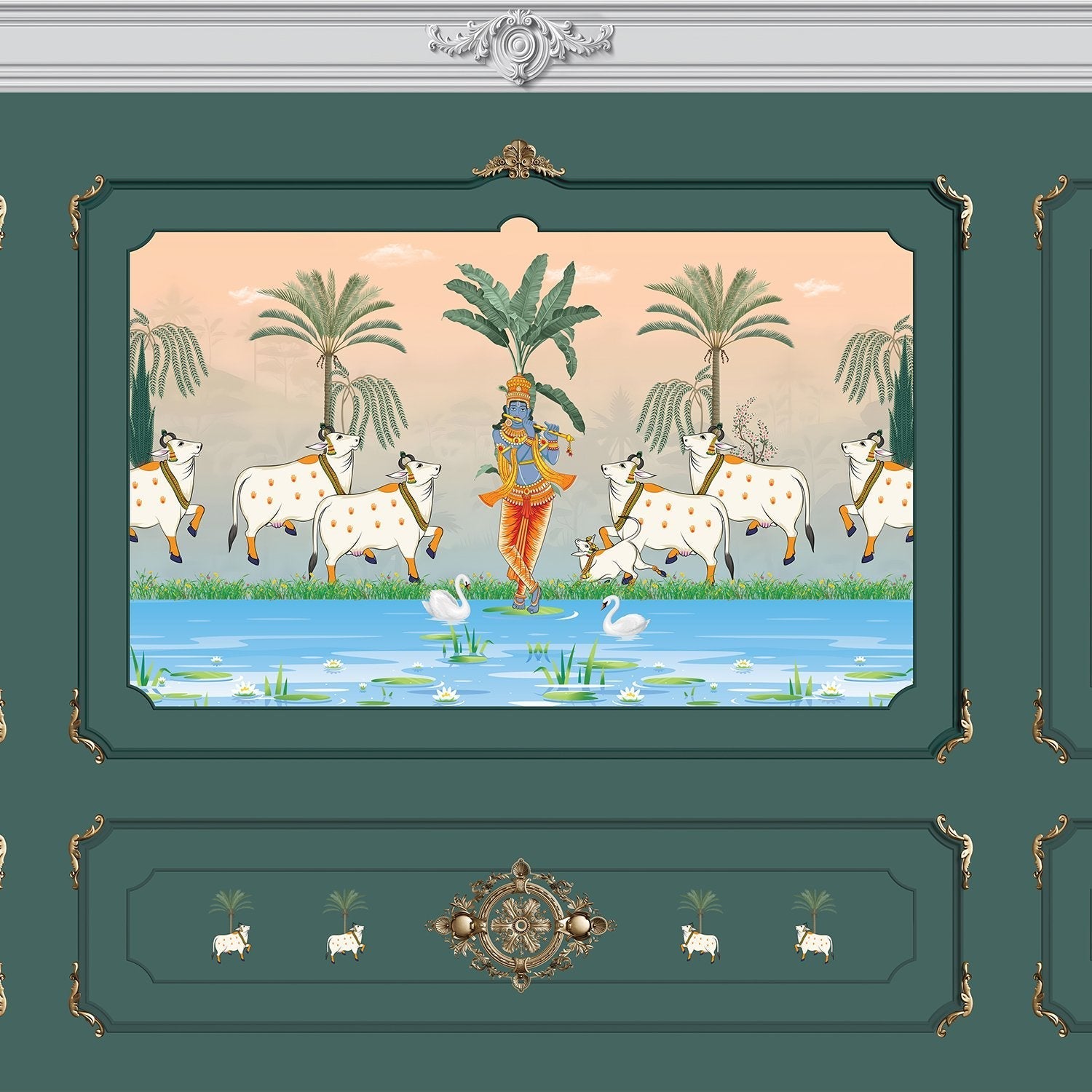 Traditional Pichwai painting showing sacred cows by riverside with palm trees and ornate frame - view 28 - final