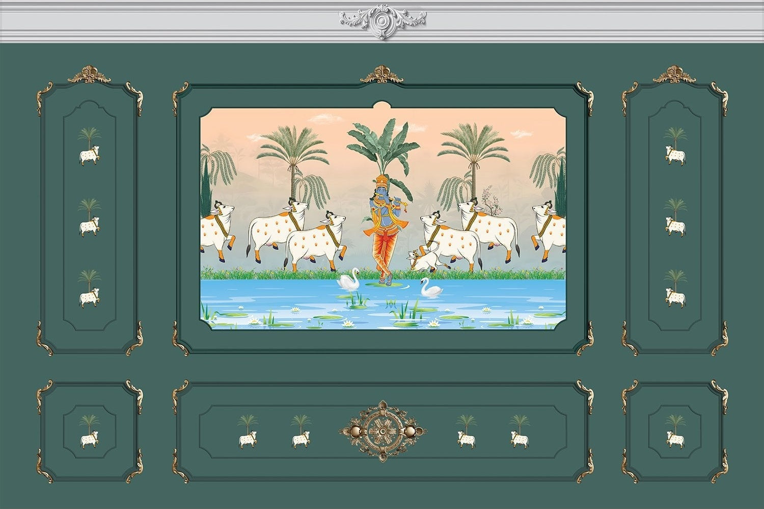 Traditional Pichwai painting showing sacred cows by riverside with palm trees and ornate frame - view 29 - mural-inequal - final