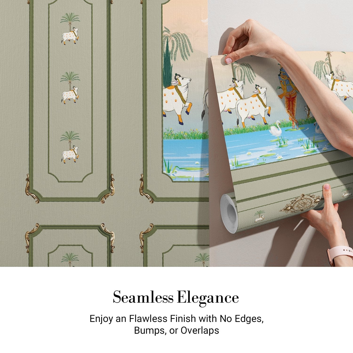 Traditional Pichwai painting showing sacred cows by riverside with palm trees and ornate frame - view 3 - final