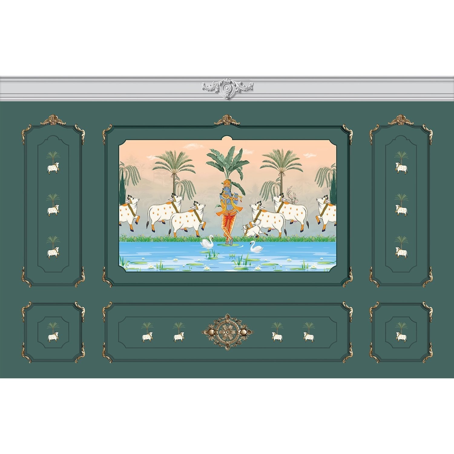 Traditional Pichwai painting showing sacred cows by riverside with palm trees and ornate frame - view 30 - mural-equal - final