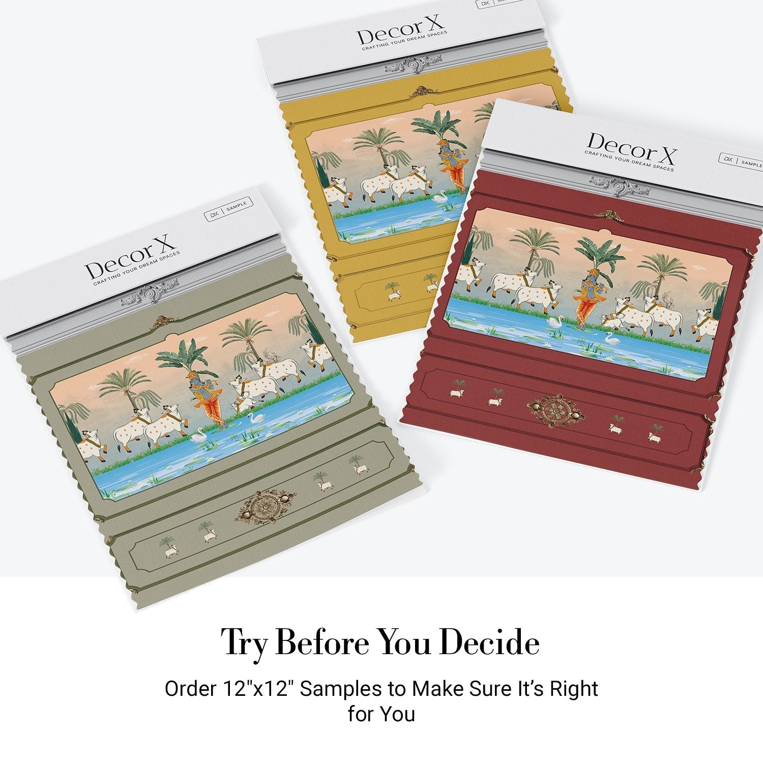 Traditional Pichwai painting showing sacred cows by riverside with palm trees and ornate frame - view 31 - final all-groups samples