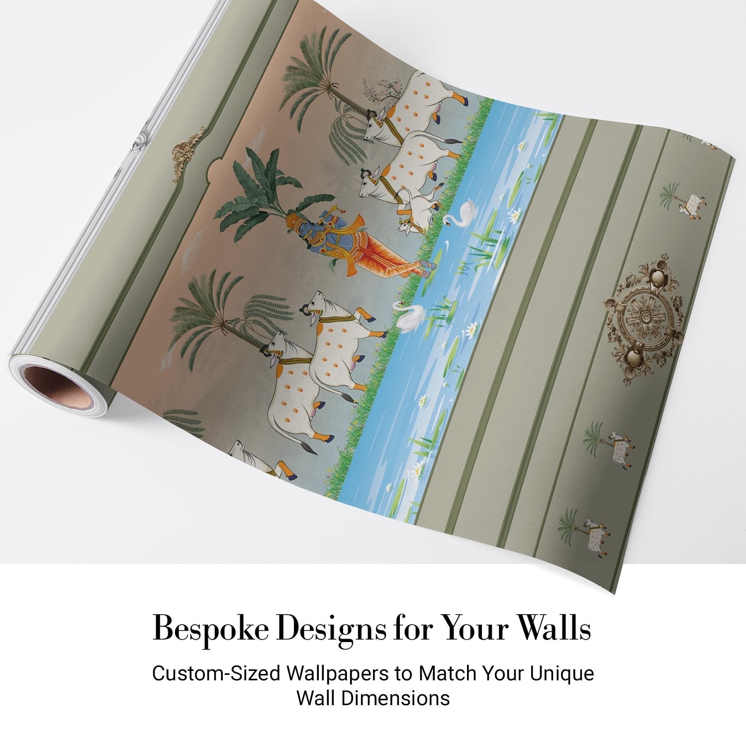 Traditional Pichwai painting showing sacred cows by riverside with palm trees and ornate frame - view 4 - final