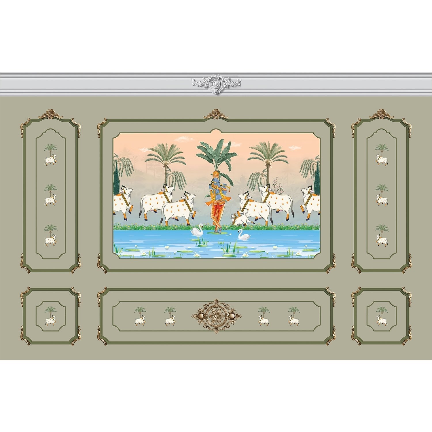 Traditional Pichwai painting showing sacred cows by riverside with palm trees and ornate frame - view 5 - mural-equal - final