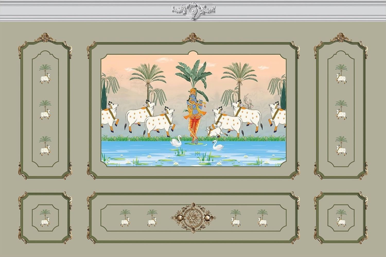 Traditional Pichwai painting showing sacred cows by riverside with palm trees and ornate frame - view 6 - mural-inequal - final