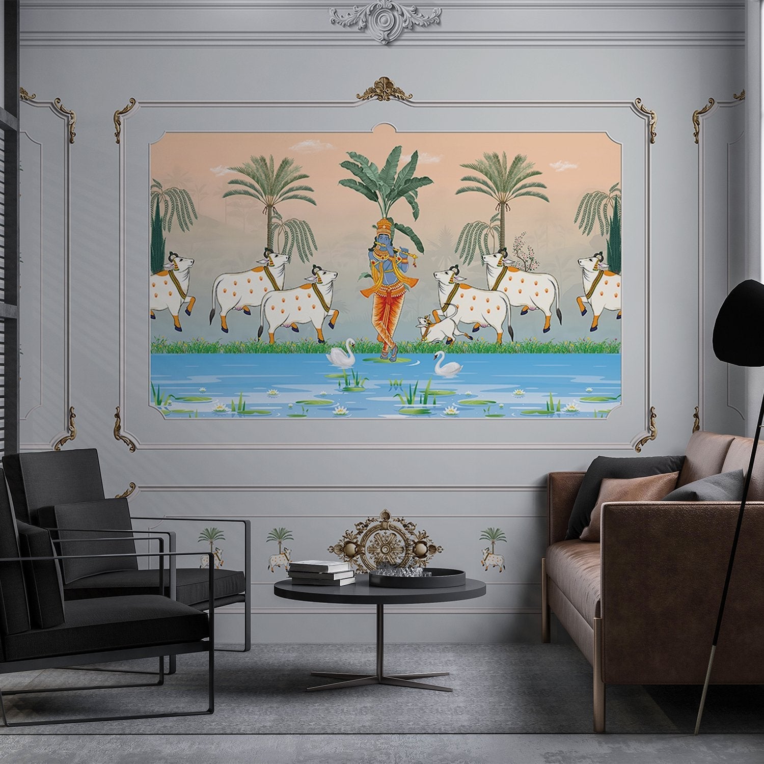 Traditional Pichwai painting showing sacred cows by riverside with palm trees and ornate frame - view 7 - final