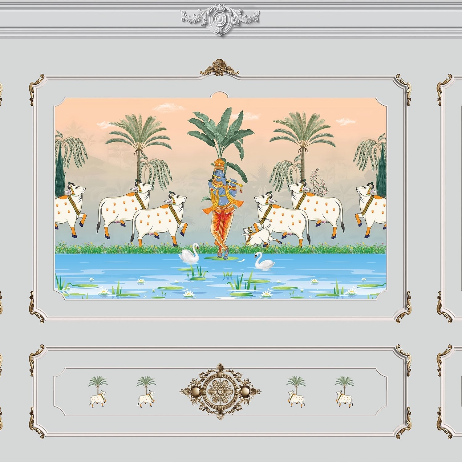 Traditional Pichwai painting showing sacred cows by riverside with palm trees and ornate frame - view 8 - final