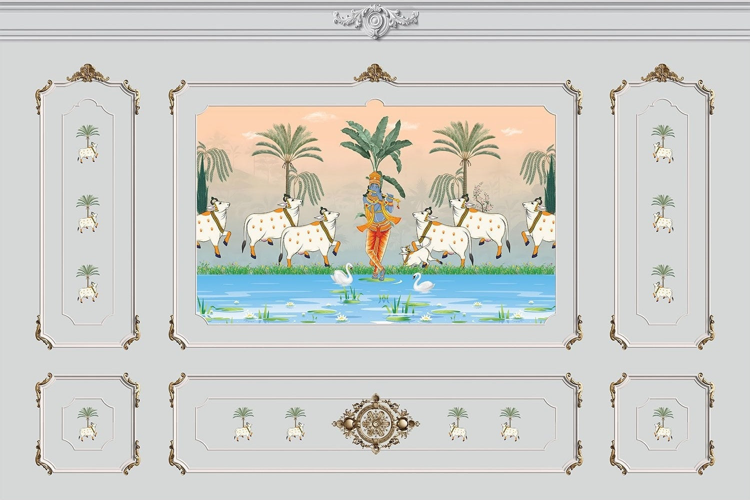 Traditional Pichwai painting showing sacred cows by riverside with palm trees and ornate frame - view 9 - mural-inequal - final