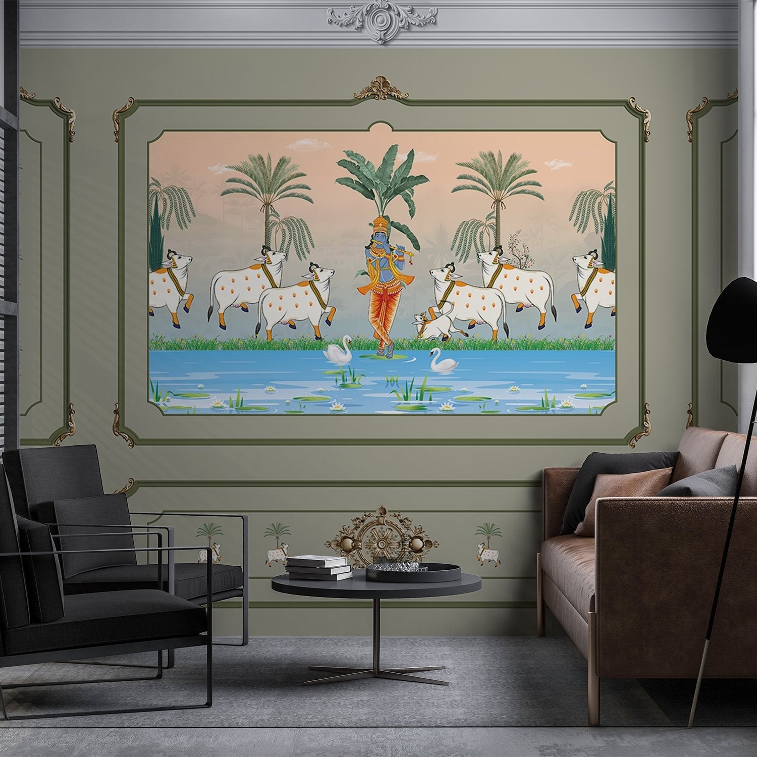 Traditional Pichwai painting showing sacred cows by riverside with palm trees and ornate frame - final living-room
