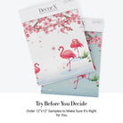 Pink flamingos beneath falling cherry blossoms with tropical plants against light gray background - view 11 - final all-groups samples