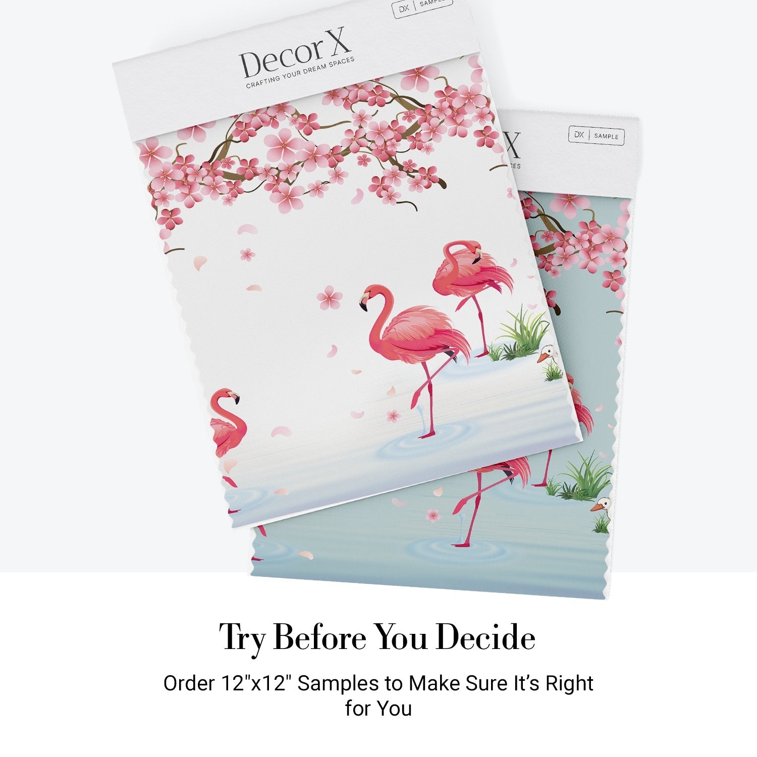 Pink flamingos beneath falling cherry blossoms with tropical plants against light gray background - view 11 - final all-groups samples