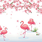 Pink flamingos beneath falling cherry blossoms with tropical plants against light gray background - view 2 - final
