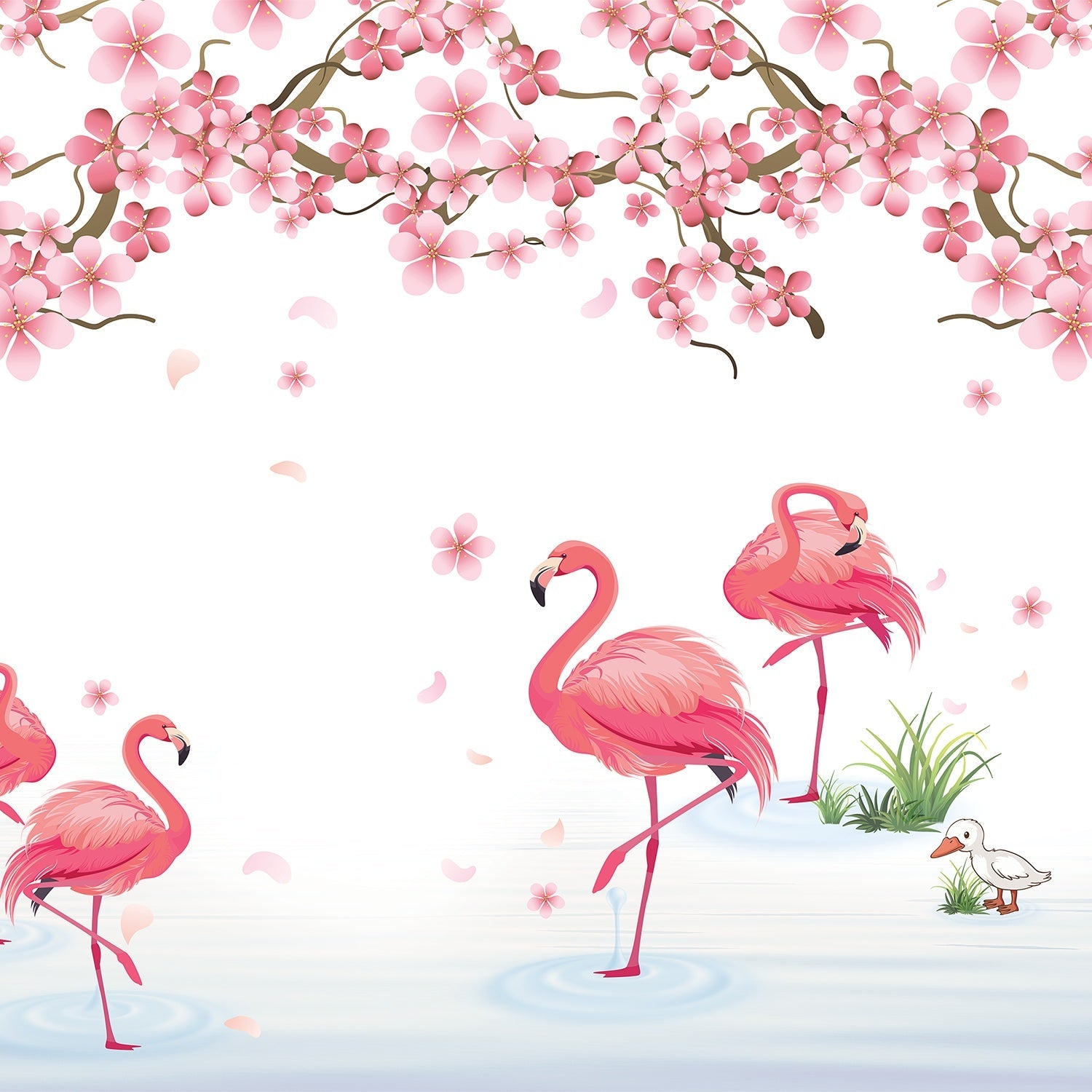 Pink flamingos beneath falling cherry blossoms with tropical plants against light gray background - view 2 - final