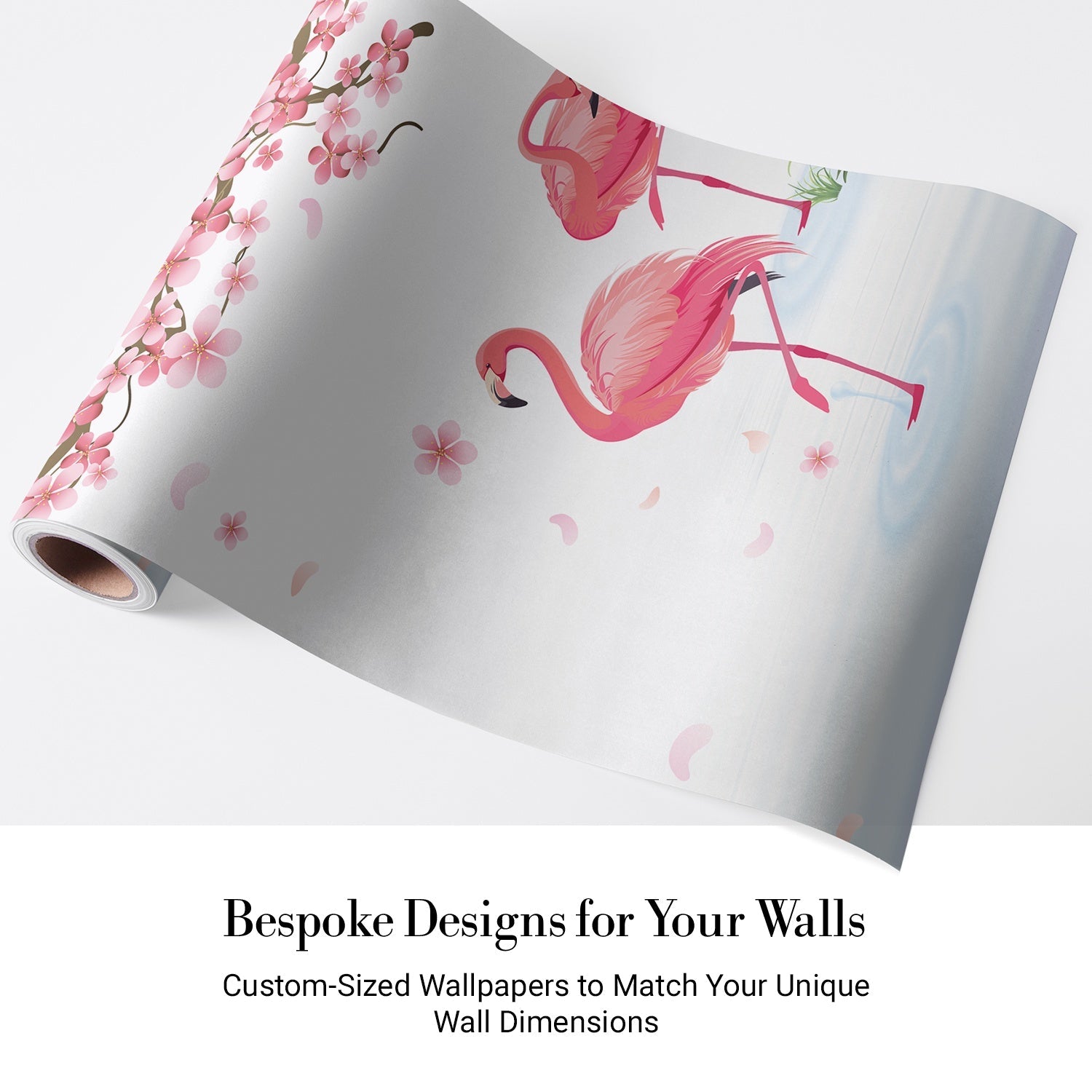 Pink flamingos beneath falling cherry blossoms with tropical plants against light gray background - view 4 - final