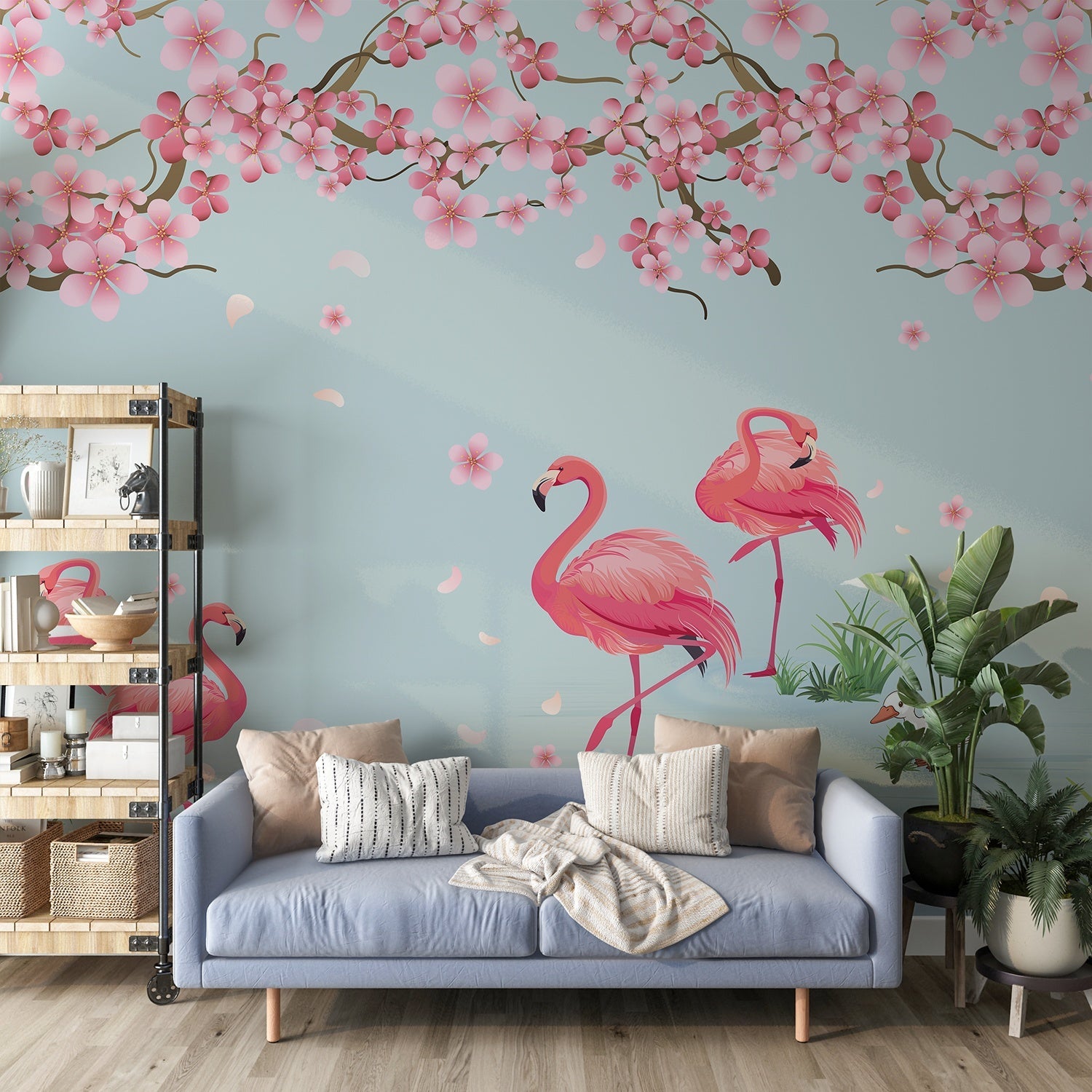 Pink flamingos beneath falling cherry blossoms with tropical plants against light gray background - view 7 - final