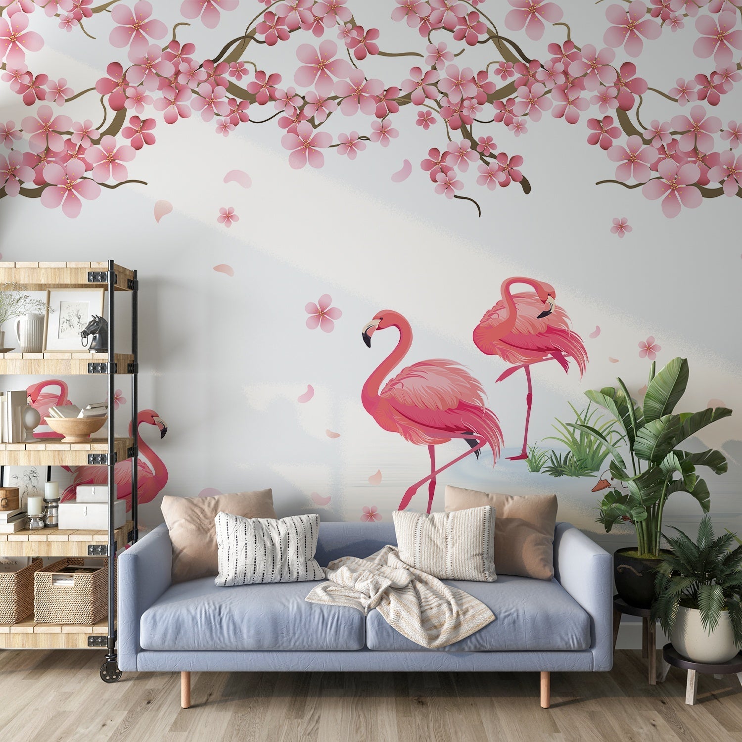 Pink flamingos beneath falling cherry blossoms with tropical plants against light gray background - final living-room