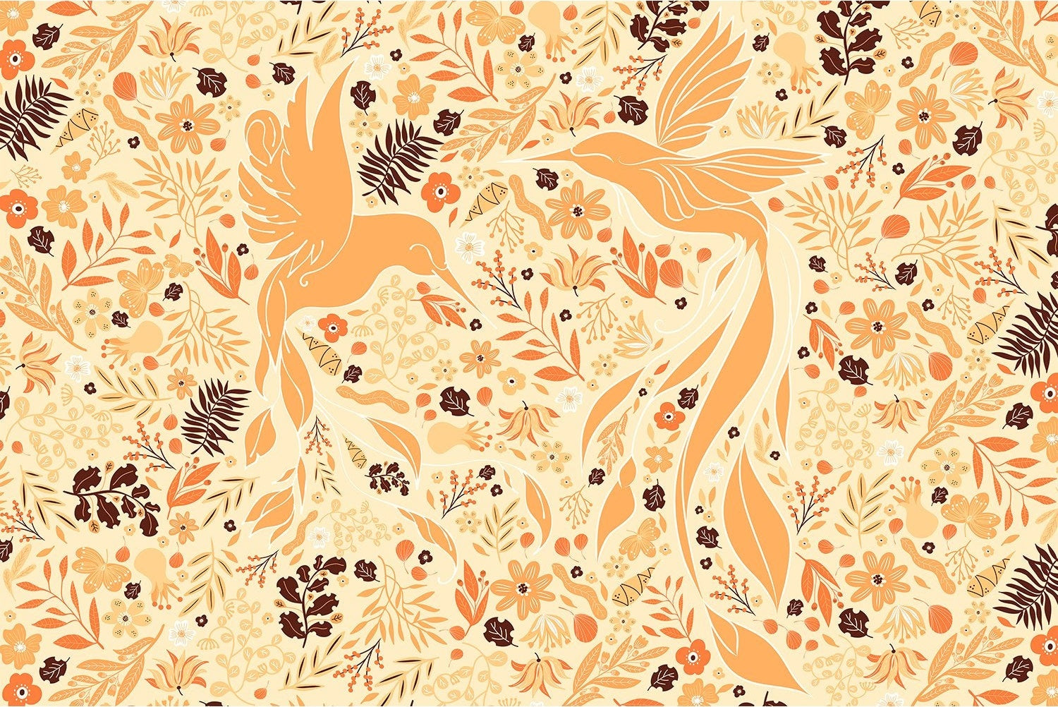 "Colorful birds and blossoms design in lea - "flora" wallpaper mural-inequal final"