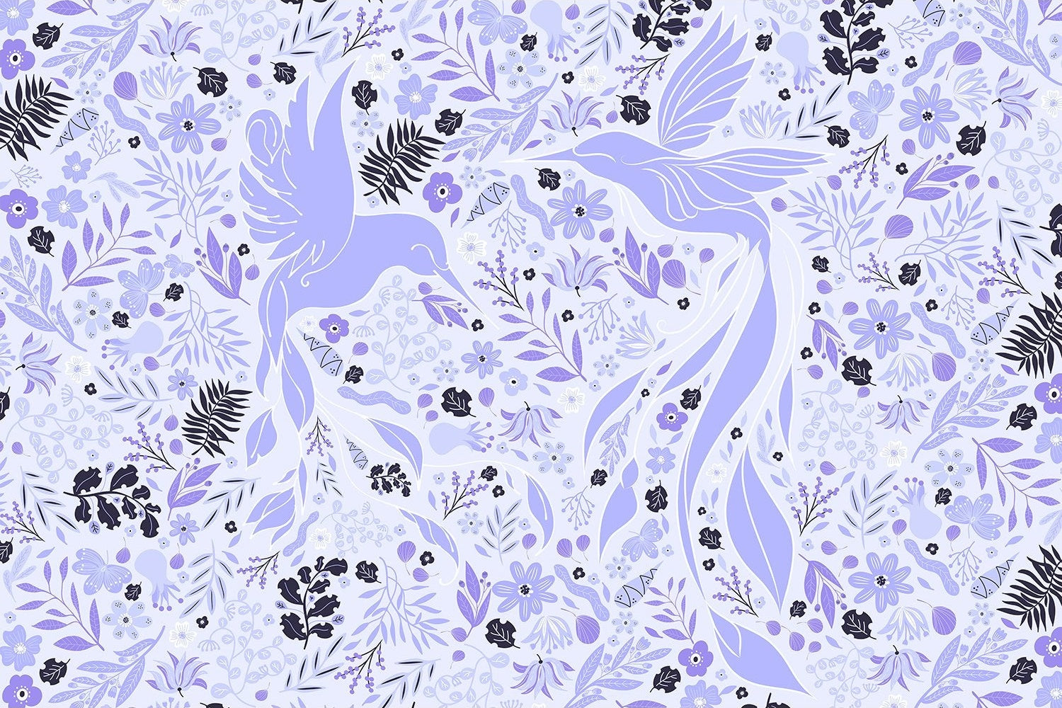 "Colorful birds and blossoms design in lea - "flora" wallpaper mural-inequal final"