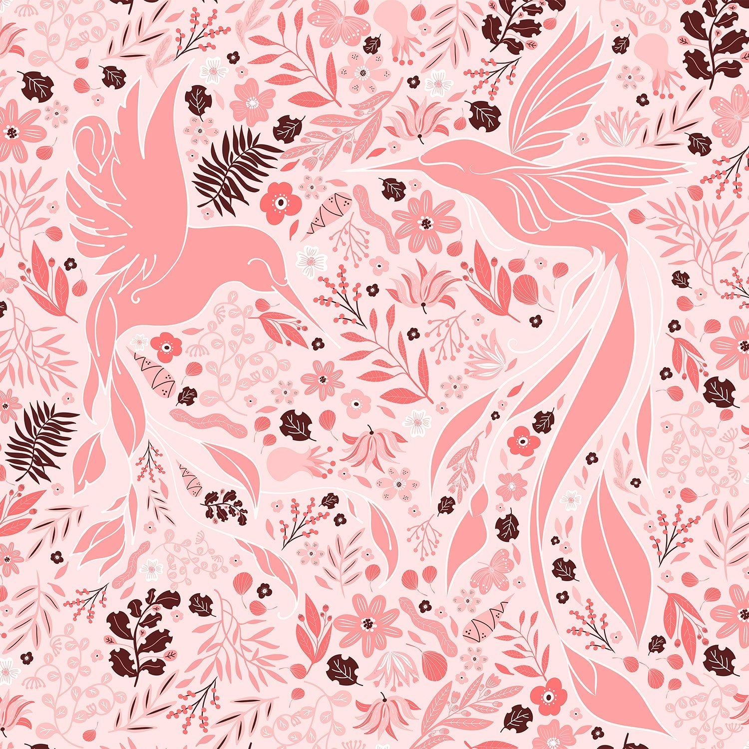 Whimsical pink birds and flowers create flowing organic pattern with burgundy botanical accents - view 2 - final