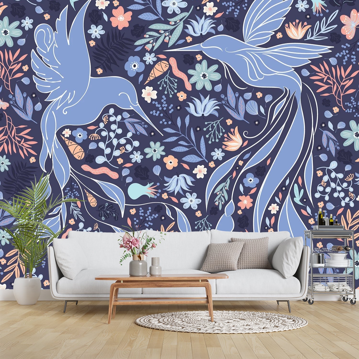 Whimsical pink birds and flowers create flowing organic pattern with burgundy botanical accents - view 21 - final