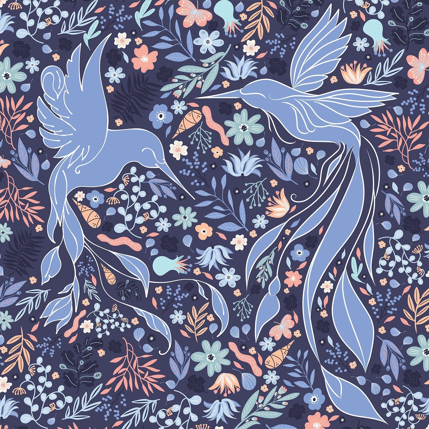 Whimsical pink birds and flowers create flowing organic pattern with burgundy botanical accents - view 22 - final