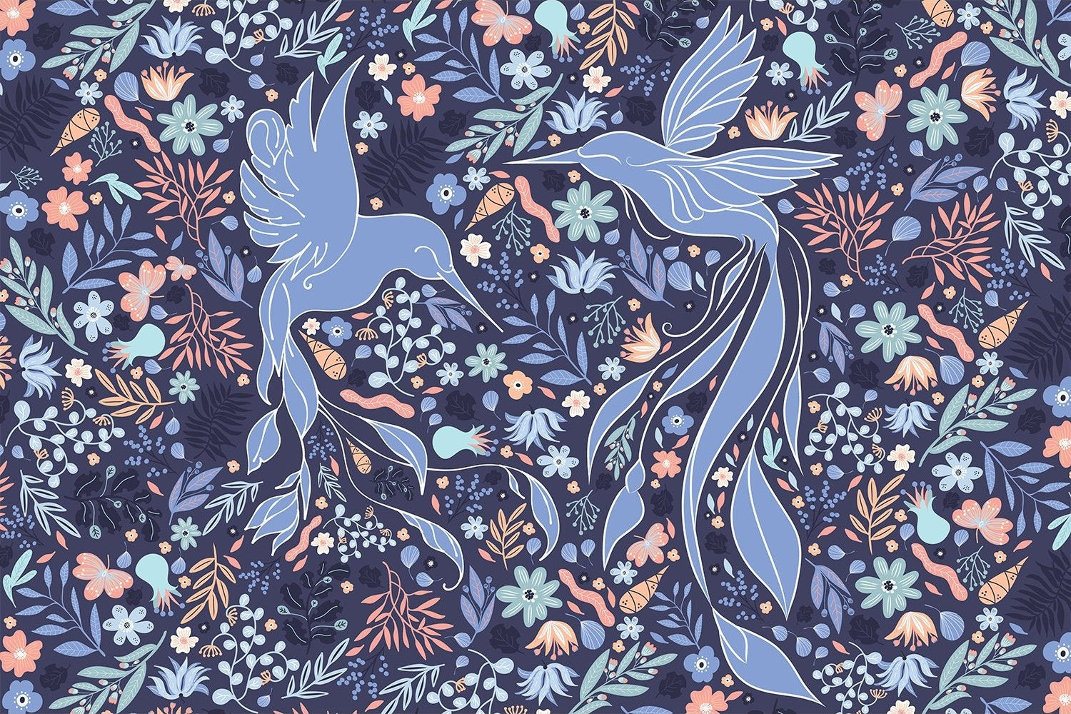 "Colorful birds and blossoms design in lea - "flora" wallpaper mural-inequal final"