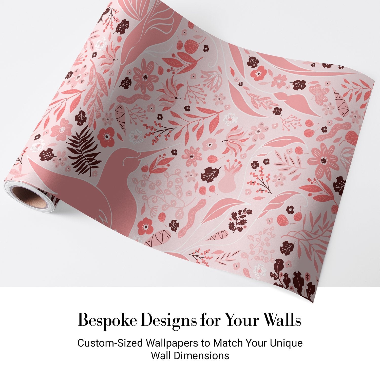Whimsical pink birds and flowers create flowing organic pattern with burgundy botanical accents - view 5 - final