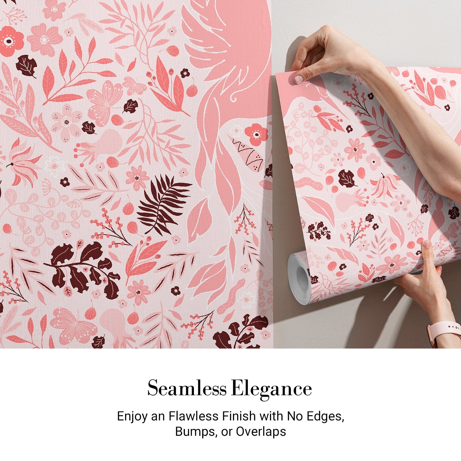 Whimsical pink birds and flowers create flowing organic pattern with burgundy botanical accents - view 6 - final
