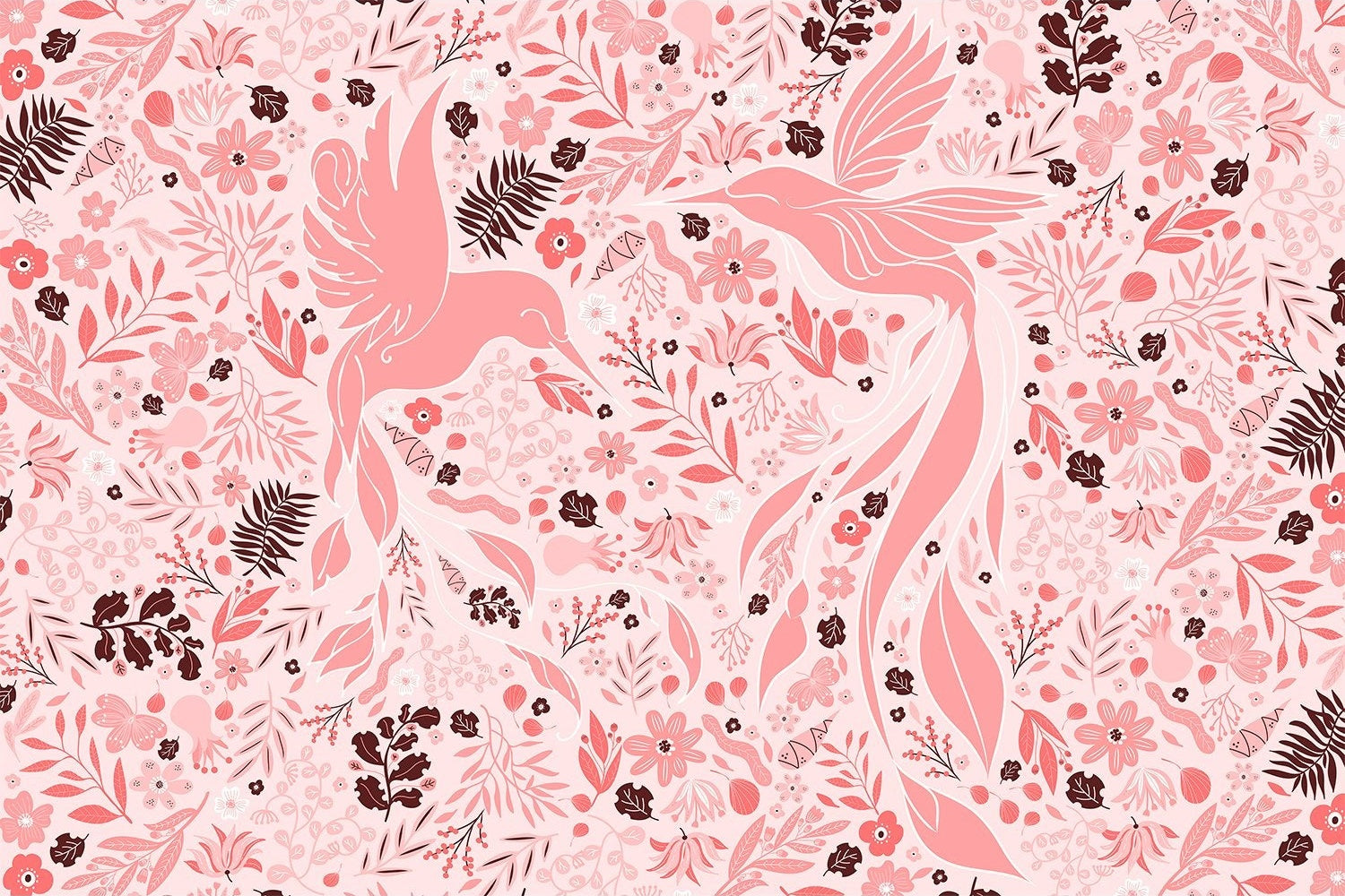"Colorful birds and blossoms design in lea - "flora" wallpaper mural-inequal final"