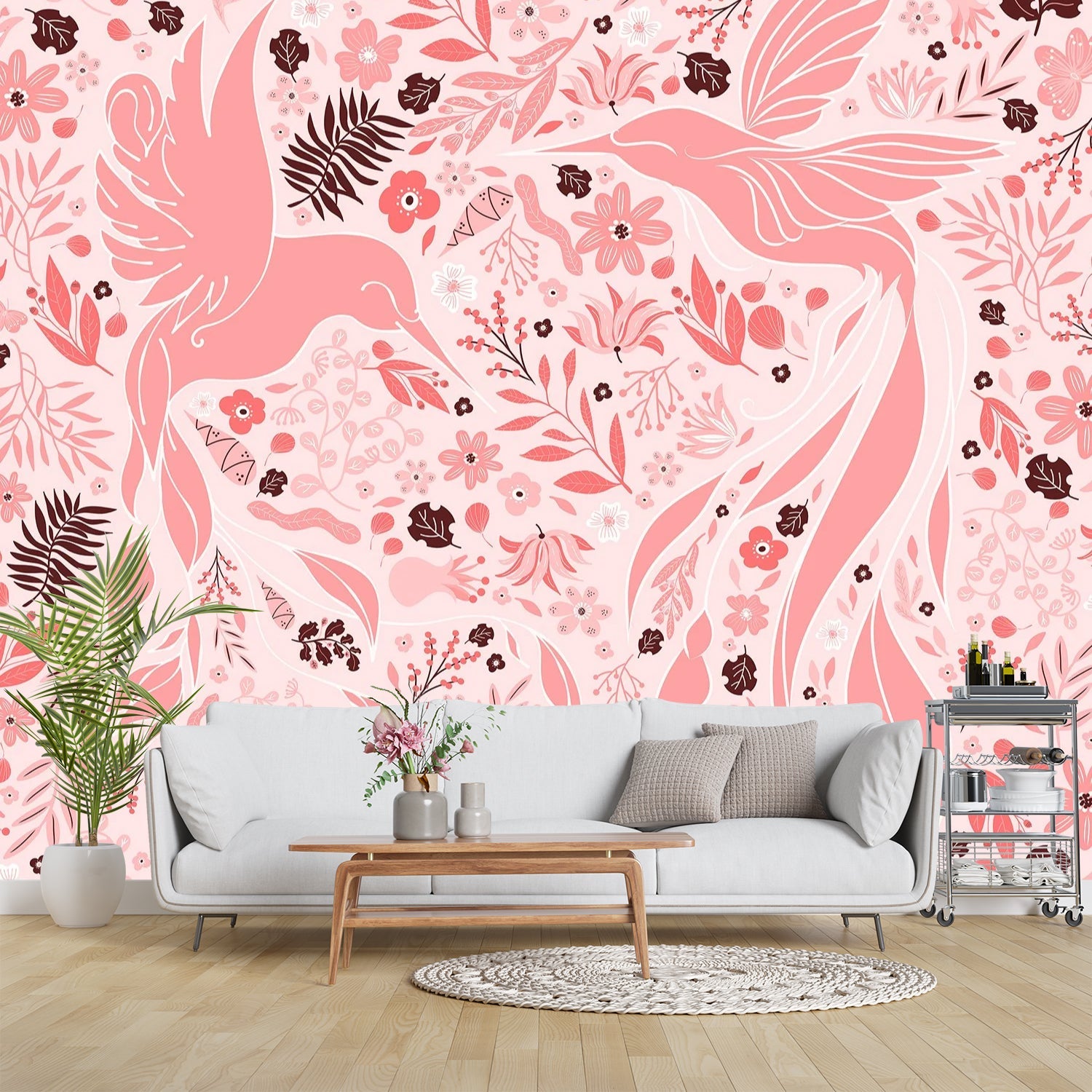 Whimsical pink birds and flowers create flowing organic pattern with burgundy botanical accents - final living-room