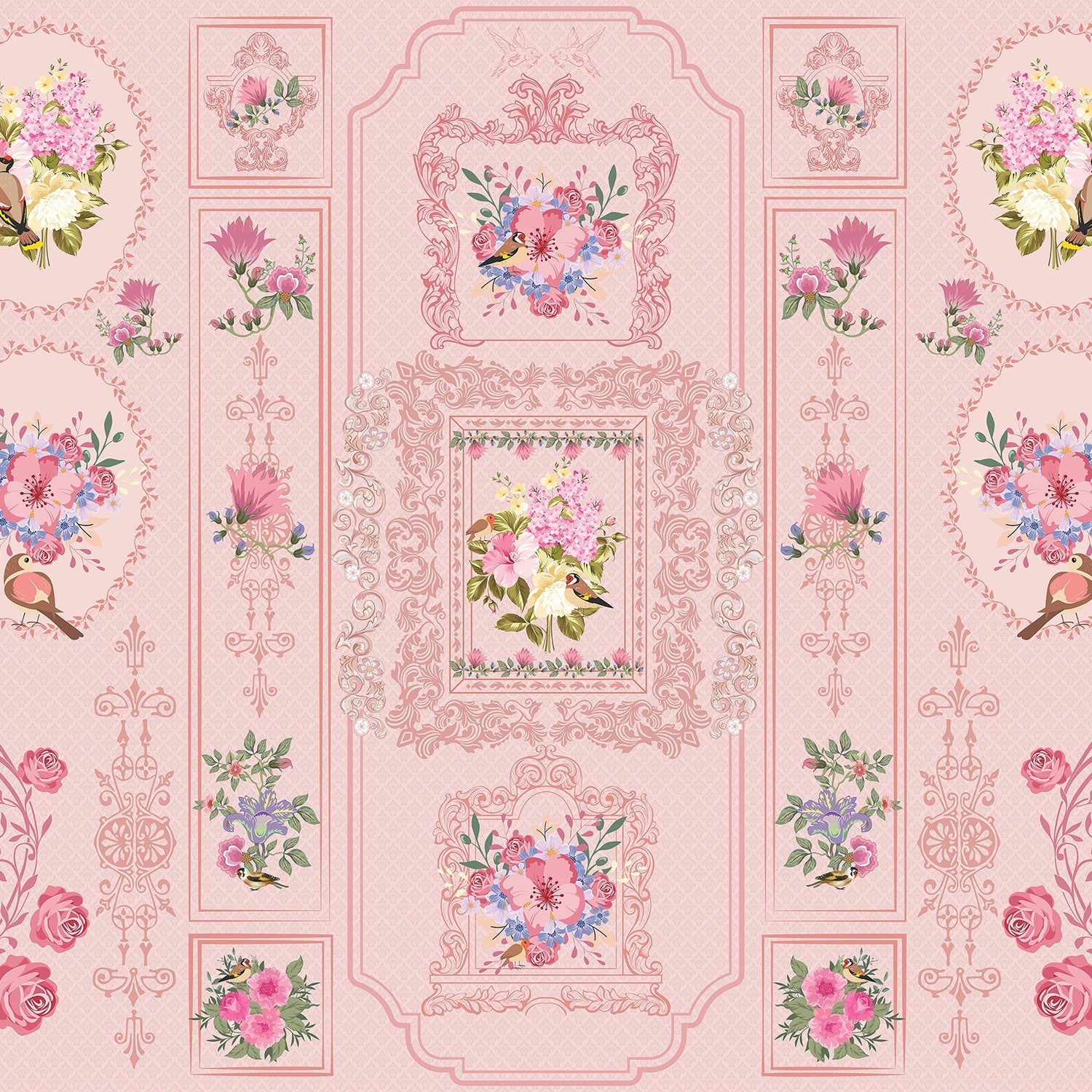 Romantic pink wallpaper with ornate baroque frames and vintage floral bouquet arrangements - view 2 - final
