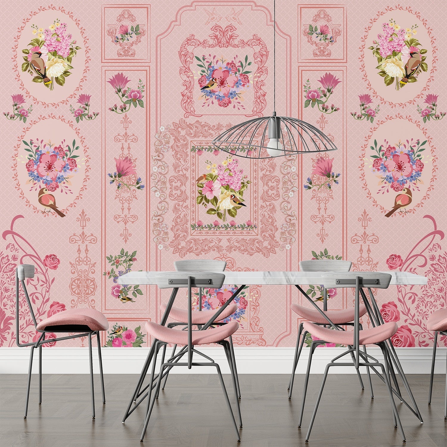 Romantic pink wallpaper with ornate baroque frames and vintage floral bouquet arrangements - view 3 - final dining-room