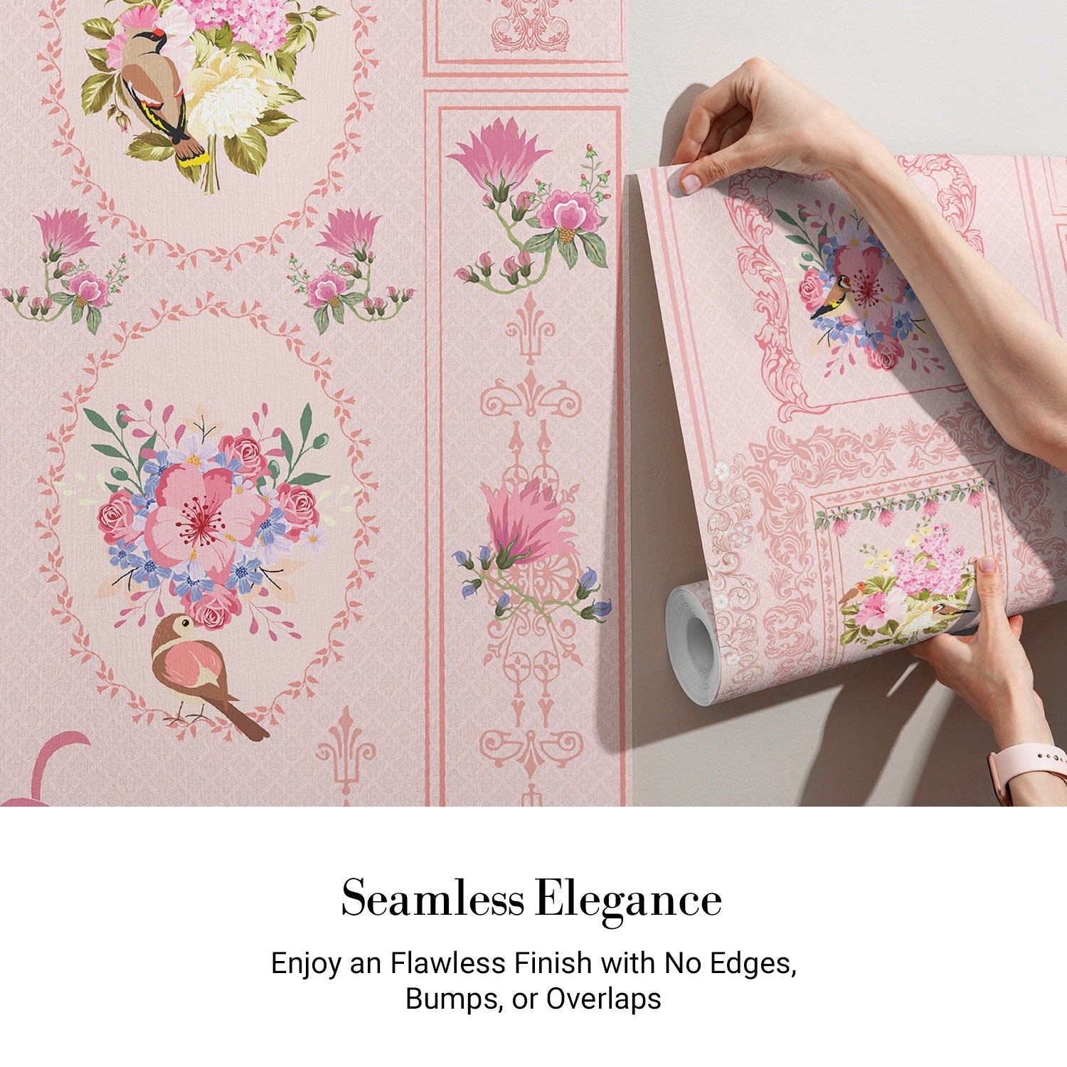 Romantic pink wallpaper with ornate baroque frames and vintage floral bouquet arrangements - view 4 - final