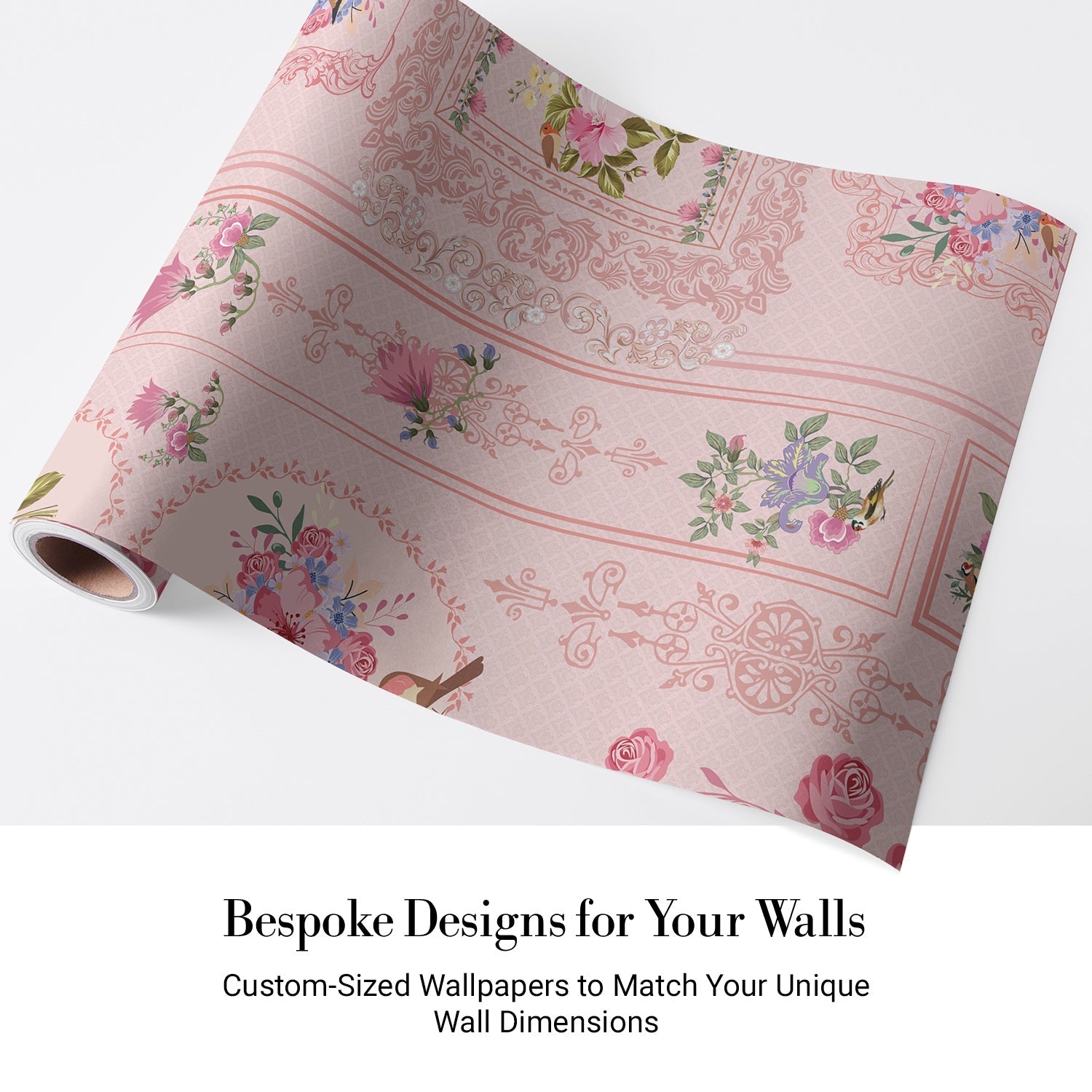 Romantic pink wallpaper with ornate baroque frames and vintage floral bouquet arrangements - view 5 - final