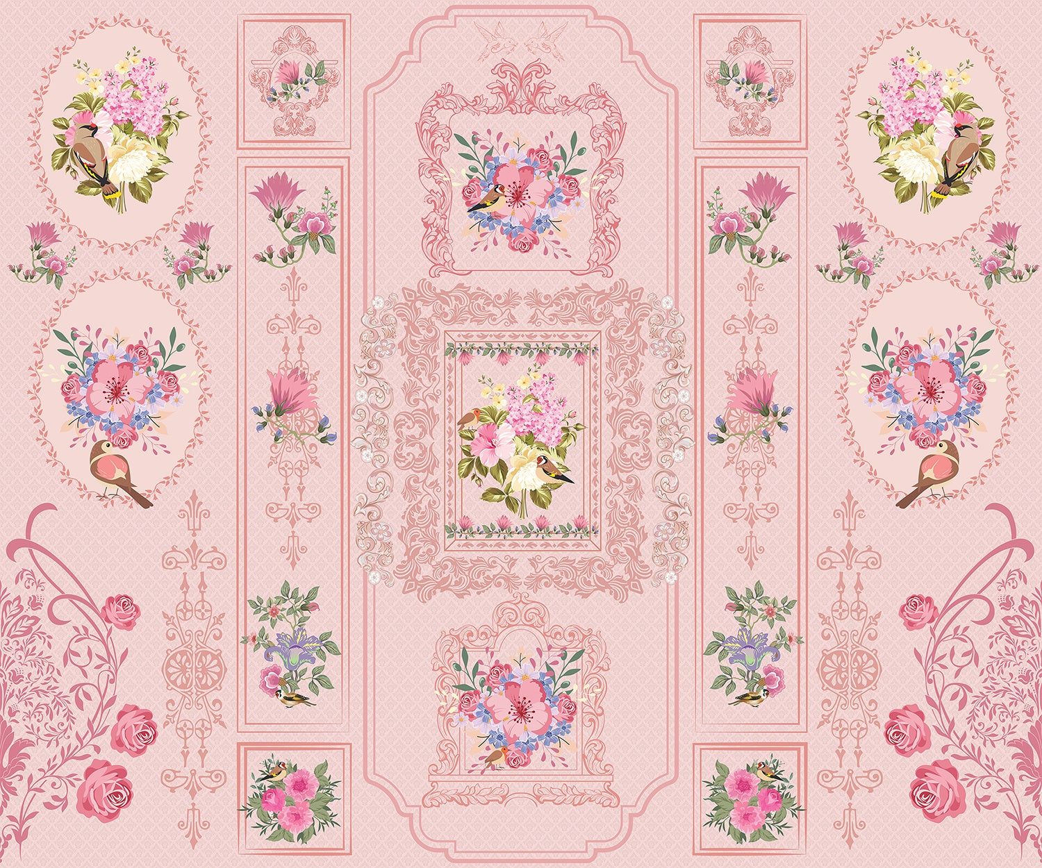 Romantic pink wallpaper with ornate baroque frames and vintage floral bouquet arrangements - view 7 - mural-inequal - final