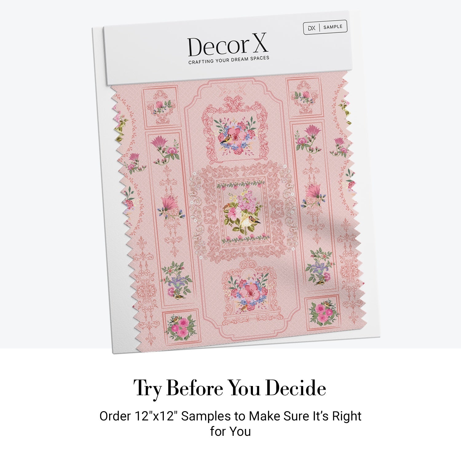 Romantic pink wallpaper with ornate baroque frames and vintage floral bouquet arrangements - view 8 - final all-groups samples