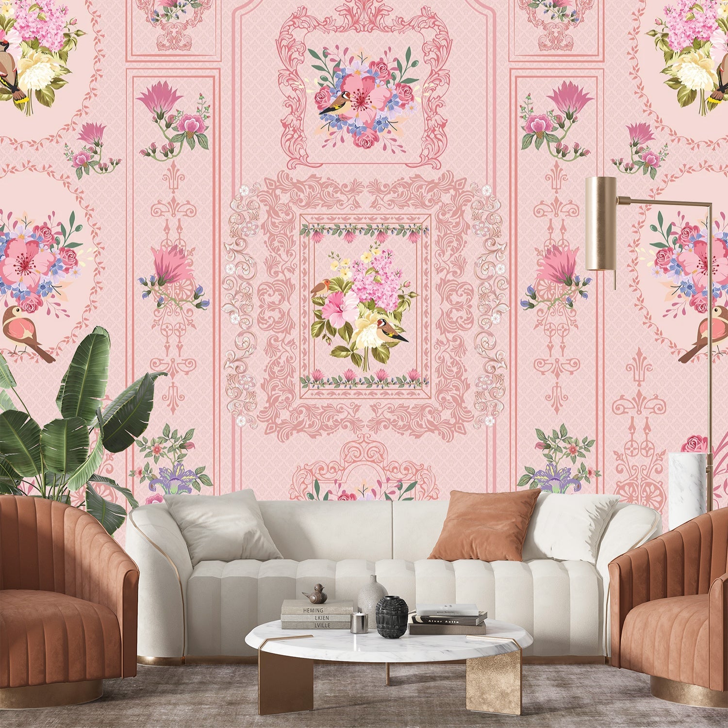 Romantic pink wallpaper with ornate baroque frames and vintage floral bouquet arrangements - final living-room