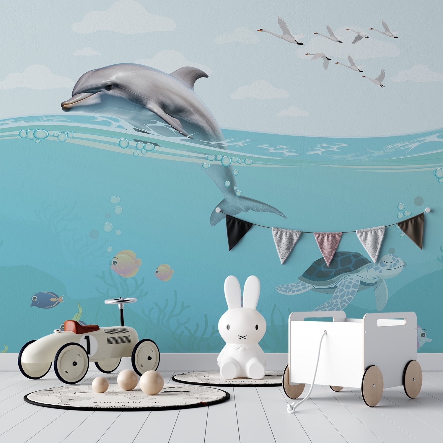 Whimsical underwater scene with dolphin, flying birds and decorative eyelashes in turquoise waters - view 10 - final