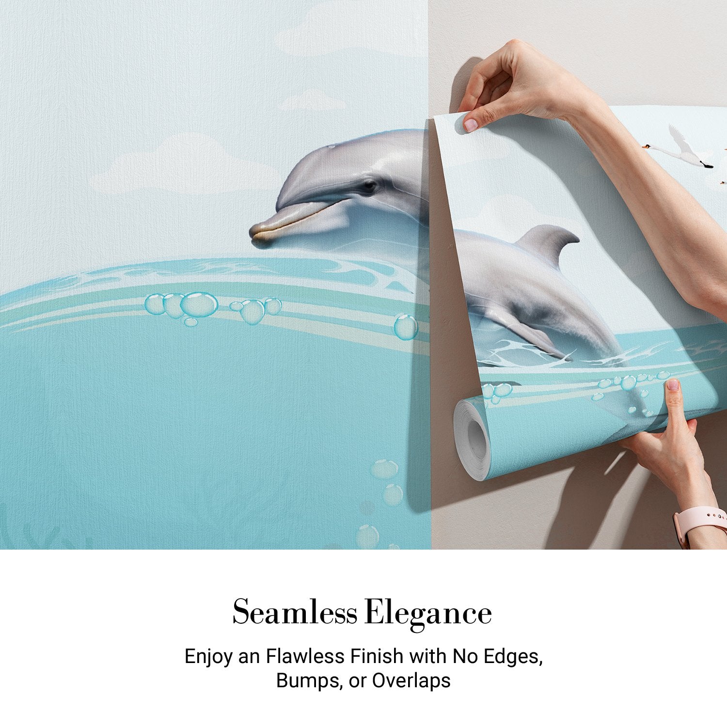 Whimsical underwater scene with dolphin, flying birds and decorative eyelashes in turquoise waters - view 11 - final