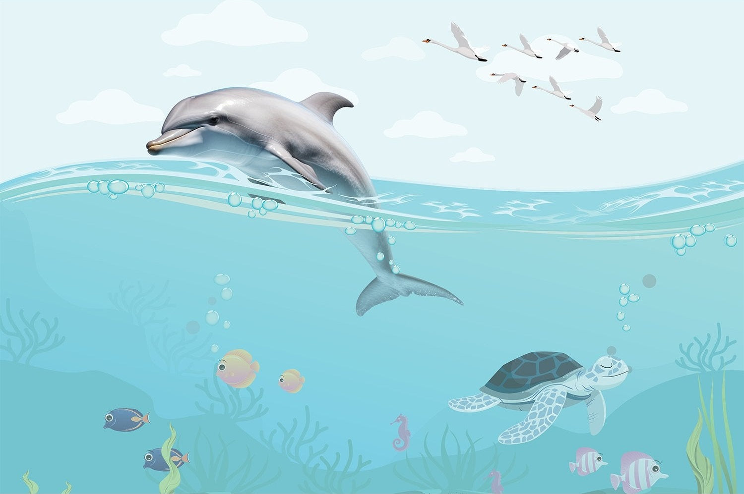"Underwater marine life scene in lea - "marine and ocean" wallpaper mural-inequal final"