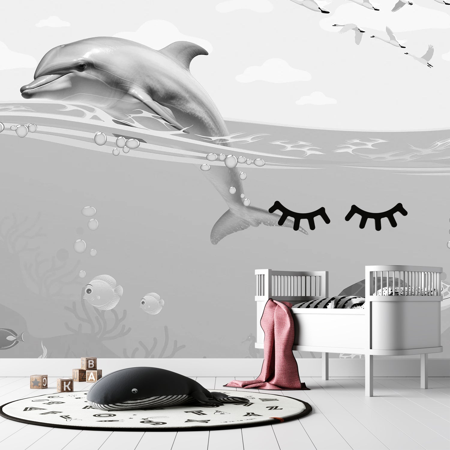 Whimsical underwater scene with dolphin, flying birds and decorative eyelashes in turquoise waters - view 15 - final