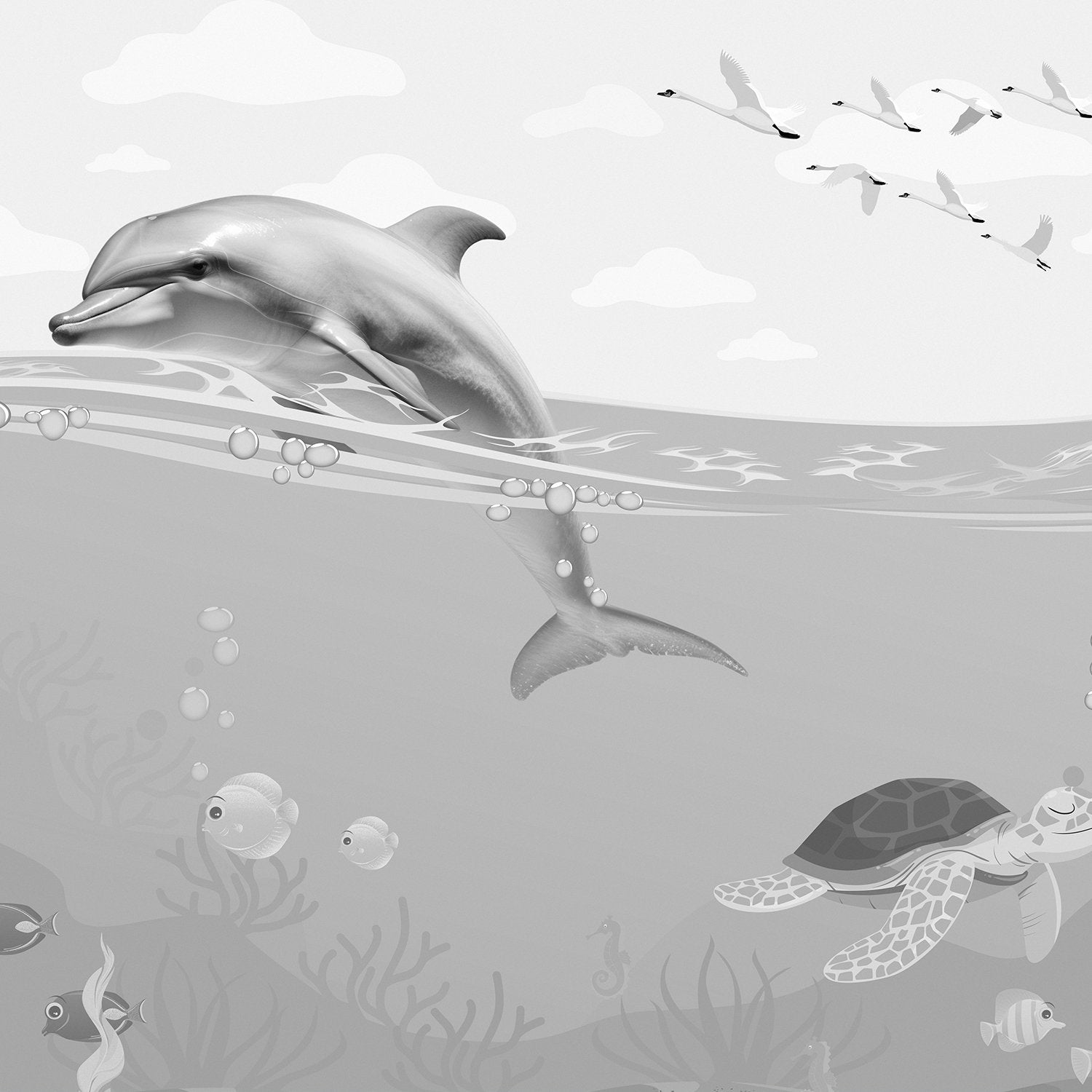 Whimsical underwater scene with dolphin, flying birds and decorative eyelashes in turquoise waters - view 16 - final